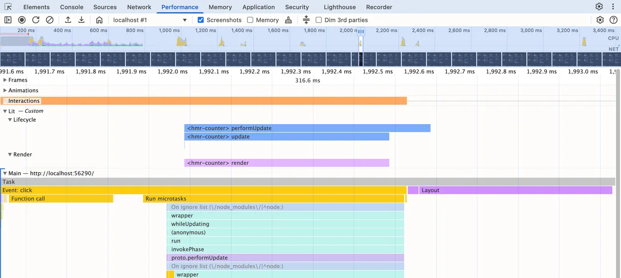 Chrome's Performance panel zoomed to one click: the expanded Lit — Custom group shows <hmr-counter> performUpdate with update nested under it on the Lifecycle track and <hmr-counter> render on the Render track, lined up above the Event: click task on Main.