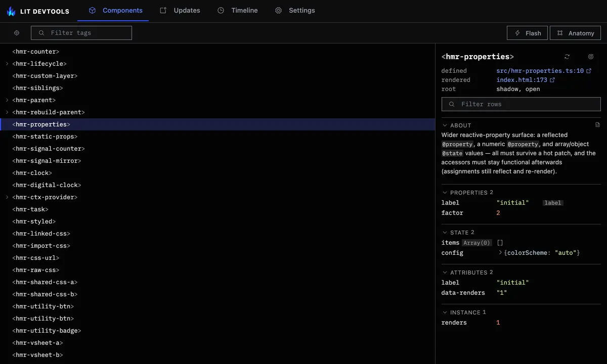 The Components tab: the element tree on the left, hmr-properties selected, its source links and reactive properties on the right.