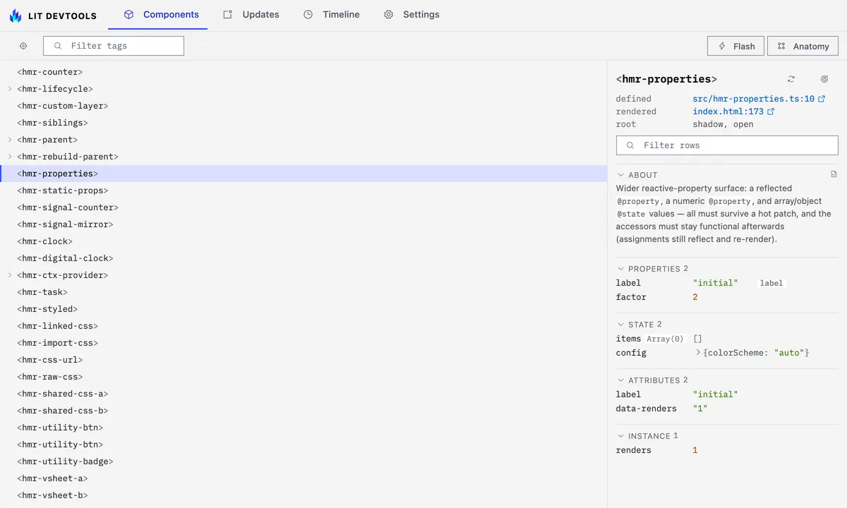 The Components tab: the element tree on the left, hmr-properties selected, its source links and reactive properties on the right.