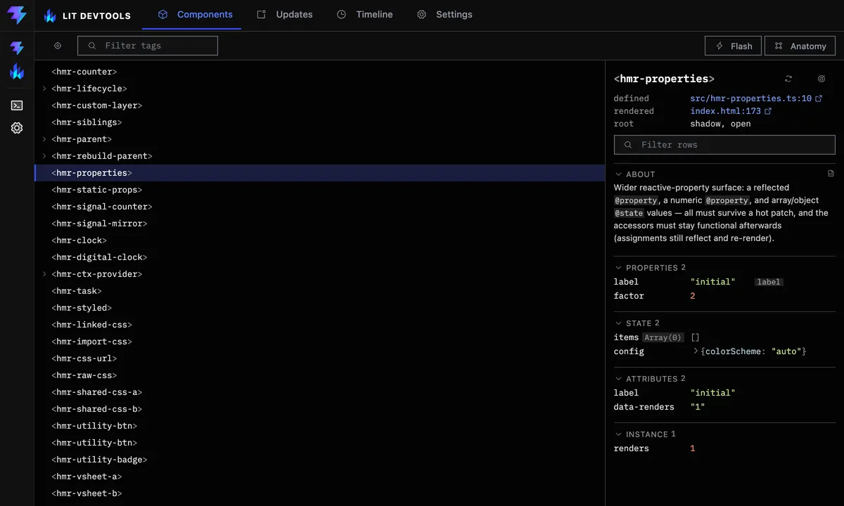The Lit panel docked inside Vite DevTools, showing the Components tab.