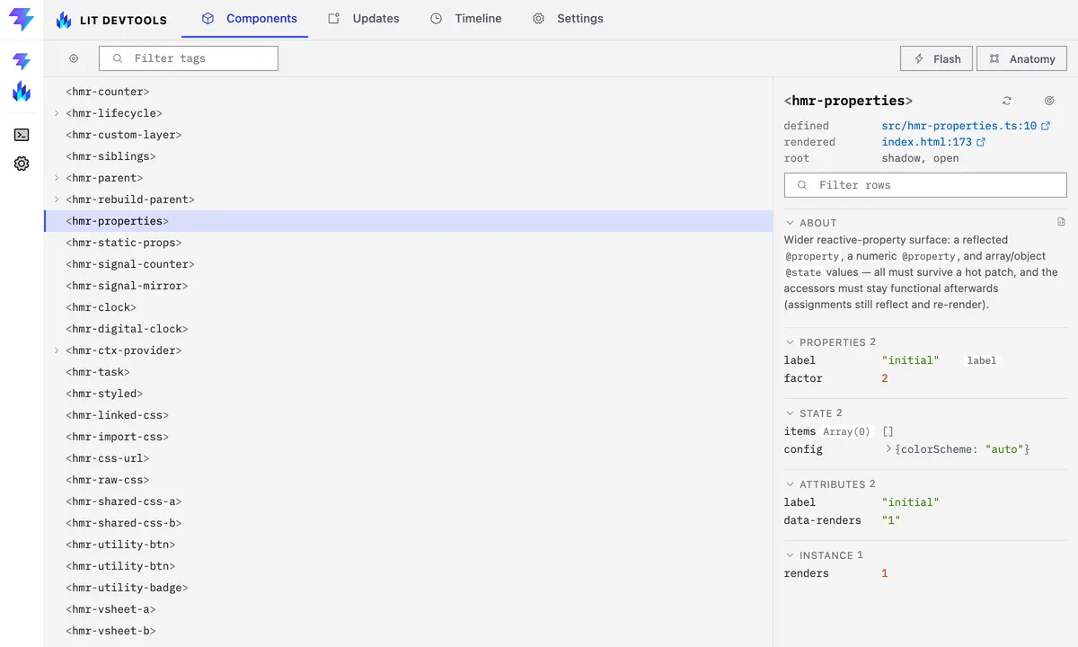 The Lit panel docked inside Vite DevTools, showing the Components tab.