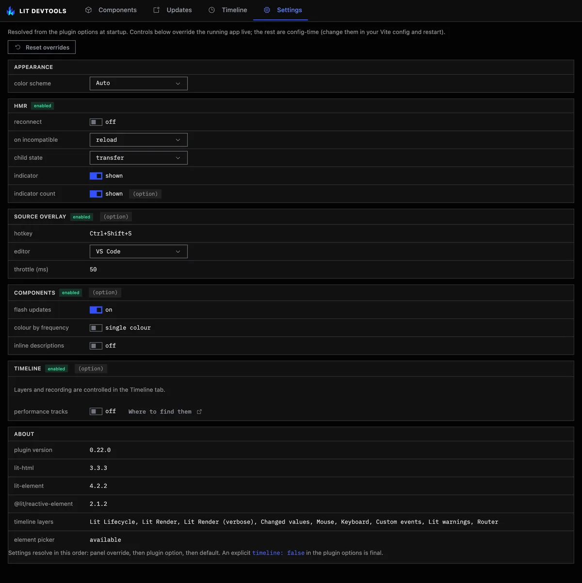 The Settings tab listing the resolved options, with switches and menus for the ones that can be overridden live.