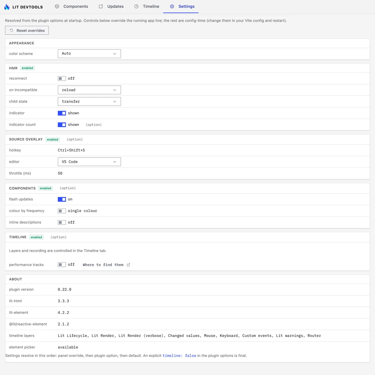 The Settings tab listing the resolved options, with switches and menus for the ones that can be overridden live.
