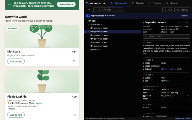 The Lit tab in Chrome DevTools, listing a page's Lit components in a tree with the selected element's properties beside it.